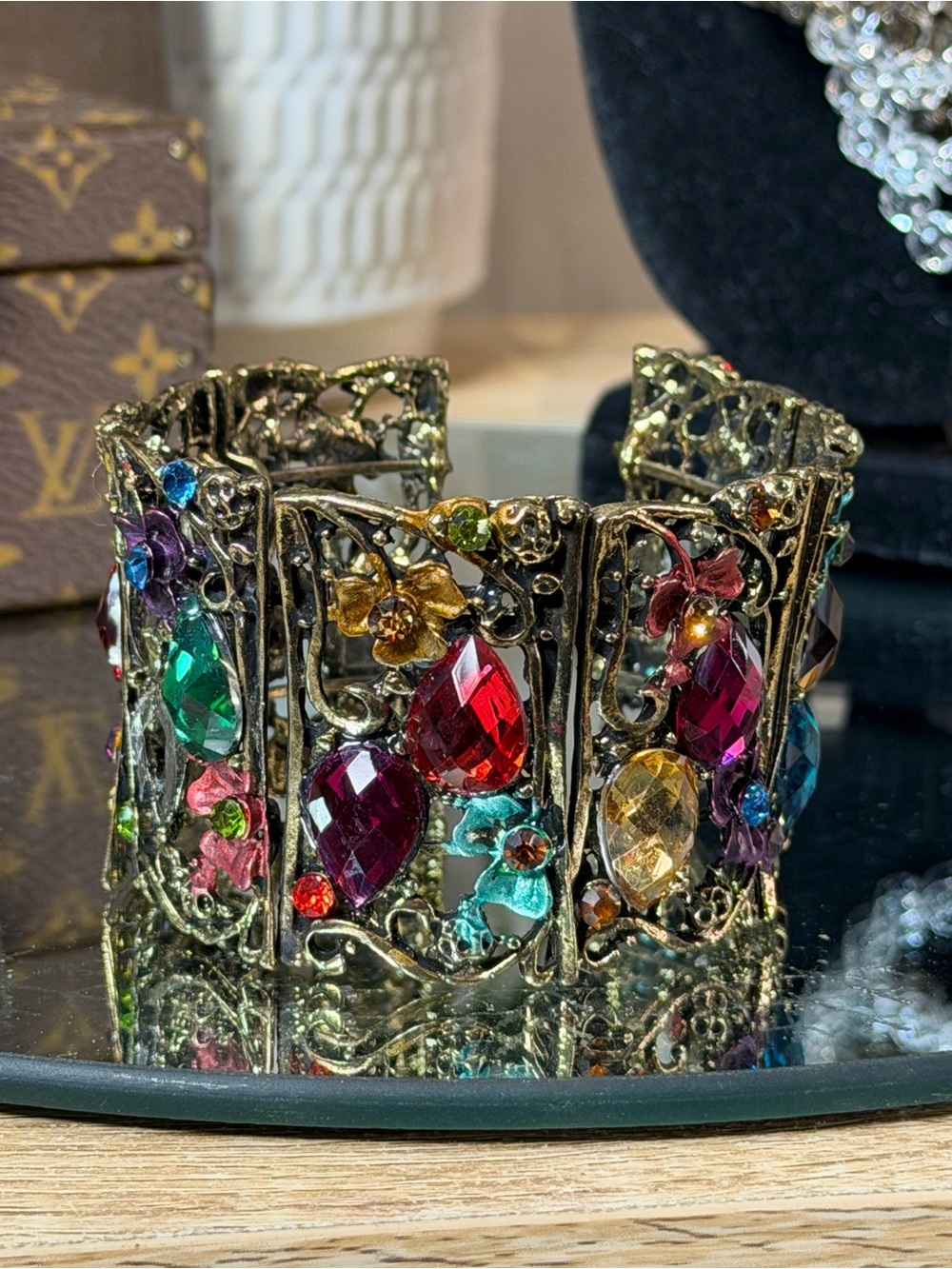 VTG Crystal Filigree Bracelet Bejeweled Brass Bronze Bangle